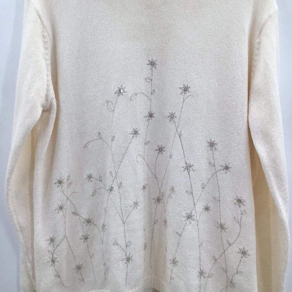 Vintage 1X Winter Flowers Sweater Embroidered Iridescent Sequin Ivory Gold L/S - Picture 3 of 13